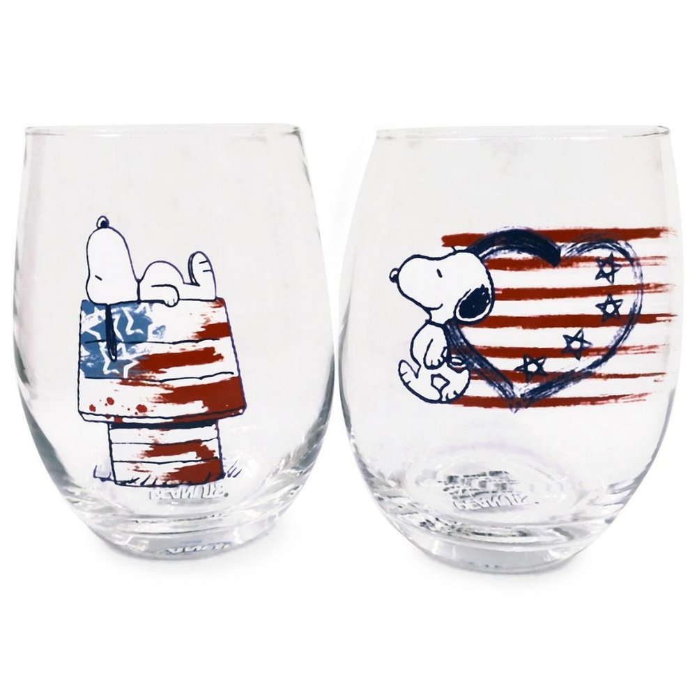 New! Stemless Wine Glasses Set of 2 Snoopy Peanuts Patriotic Americana